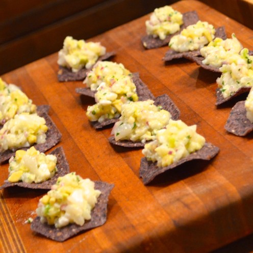 CEVICHE ON CORN CRISPS WITH AVOCADO AND RED ONION | Recipe at www.AfterOrangeCounty.com