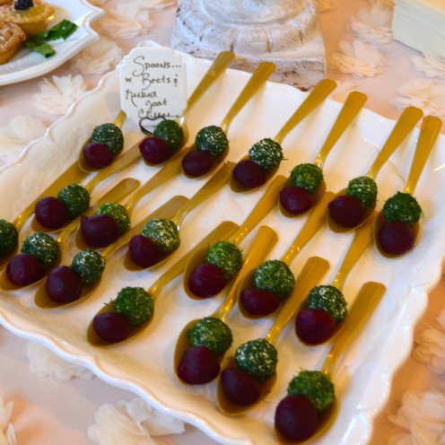 HOW TO HOST A BEAUTIFUL BRIDAL SHOWER | www.AfterOrangeCounty.com | Pickled Baby Beets with Herbed Goat Cheese served on Gold Spoons